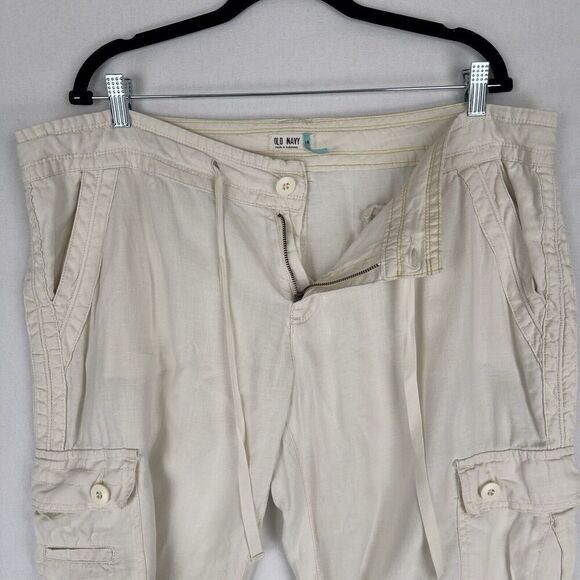 Old Navy Pants Womens 16 Ivory Straight Leg Relaxed Cargo 100% Linen Breathable - Picture 5 of 16